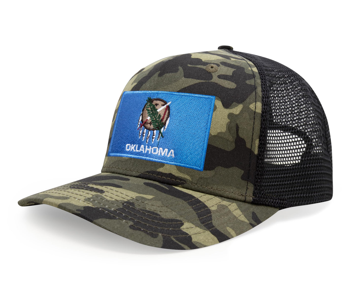 International Tie State Hat for Men and Women, Adjustable Snapback Trucker Baseball Cap with Embroidered Patch (Oklahoma, Camouflage)