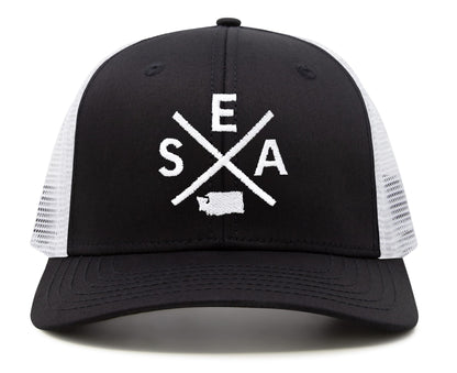 International Tie Seattle SEA Hat for Men and Women - Snapback Trucker Baseball Cap (Black/White)