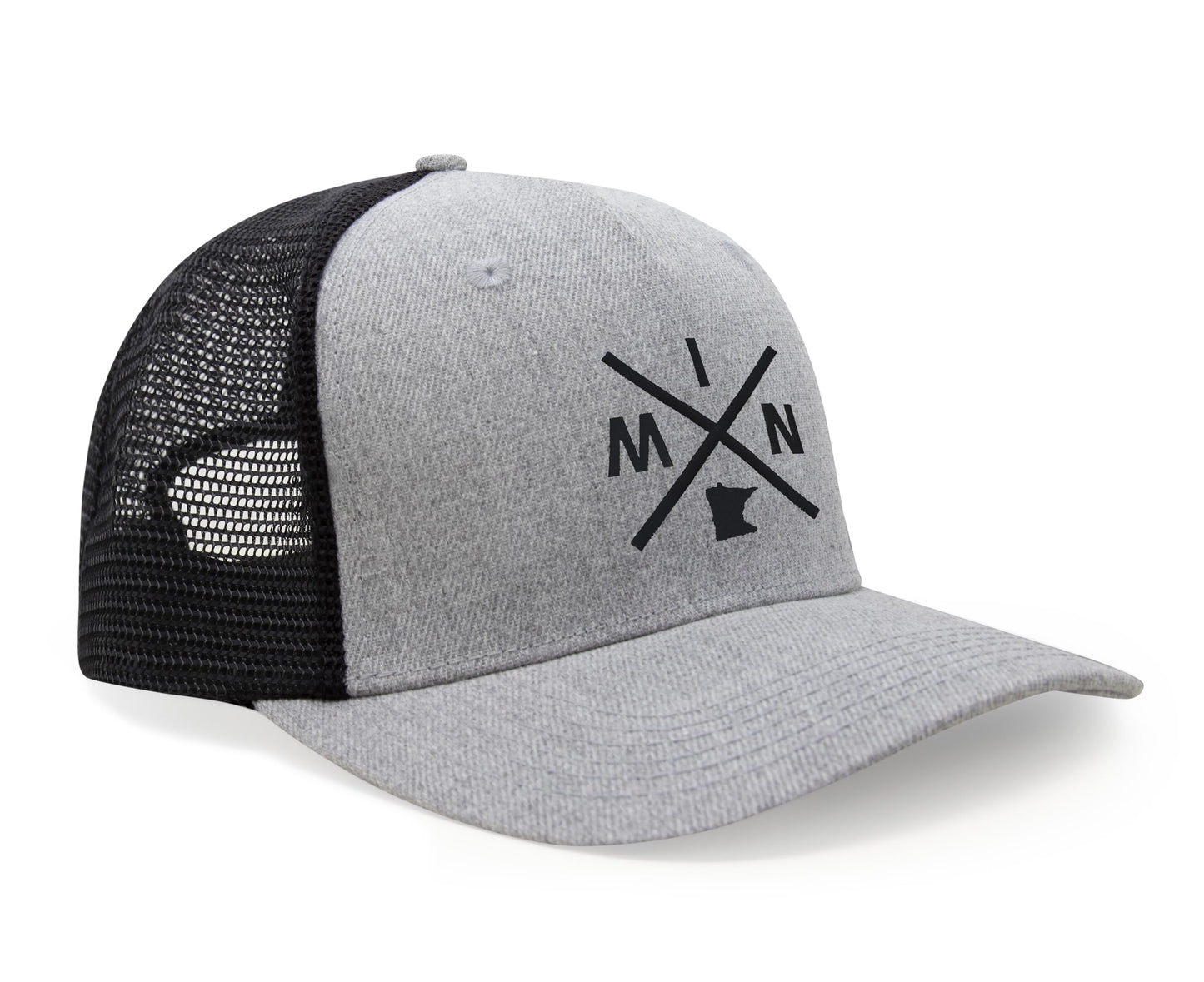 International Tie Hat for Men and Women, MIN Snapback Trucker Baseball Cap, Embroidered Cross Logo (MIN - Minnesota, Grey Black)
