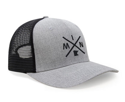 International Tie Hat for Men and Women, MIN Snapback Trucker Baseball Cap, Embroidered Cross Logo (MIN - Minnesota, Grey Black)
