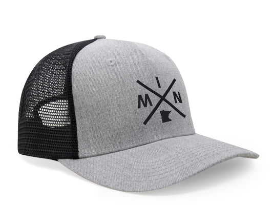 International Tie Hat for Men and Women, MIN Snapback Trucker Baseball Cap, Embroidered Cross Logo (MIN - Minnesota, Grey Black)