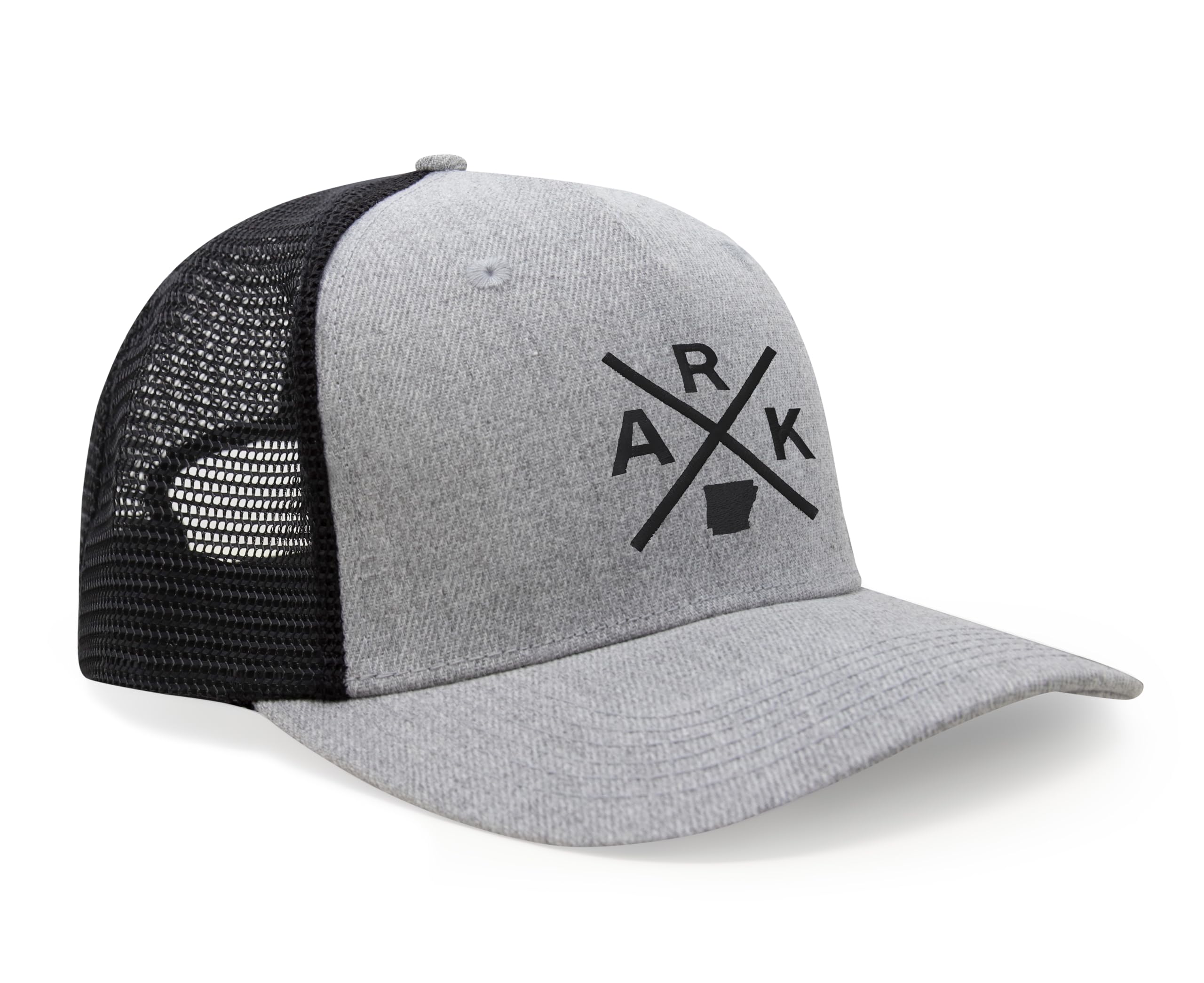 International Tie Hat for Men and Women, Adjustable Snapback Trucker Baseball Cap, Embroidered Cross Logo (ARK - Arkansas, Grey Black)