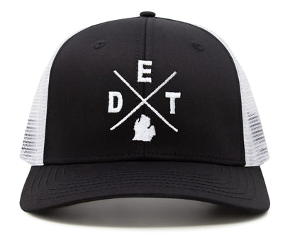 International Tie Premium Detroit DET Hat for Men and Women – Snapback Trucker Baseball Cap (Black/White)