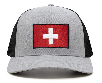 International Tie Swiss Flag Hat for Men and Women - Switzerland Snapback Trucker Baseball Cap (Grey Black)