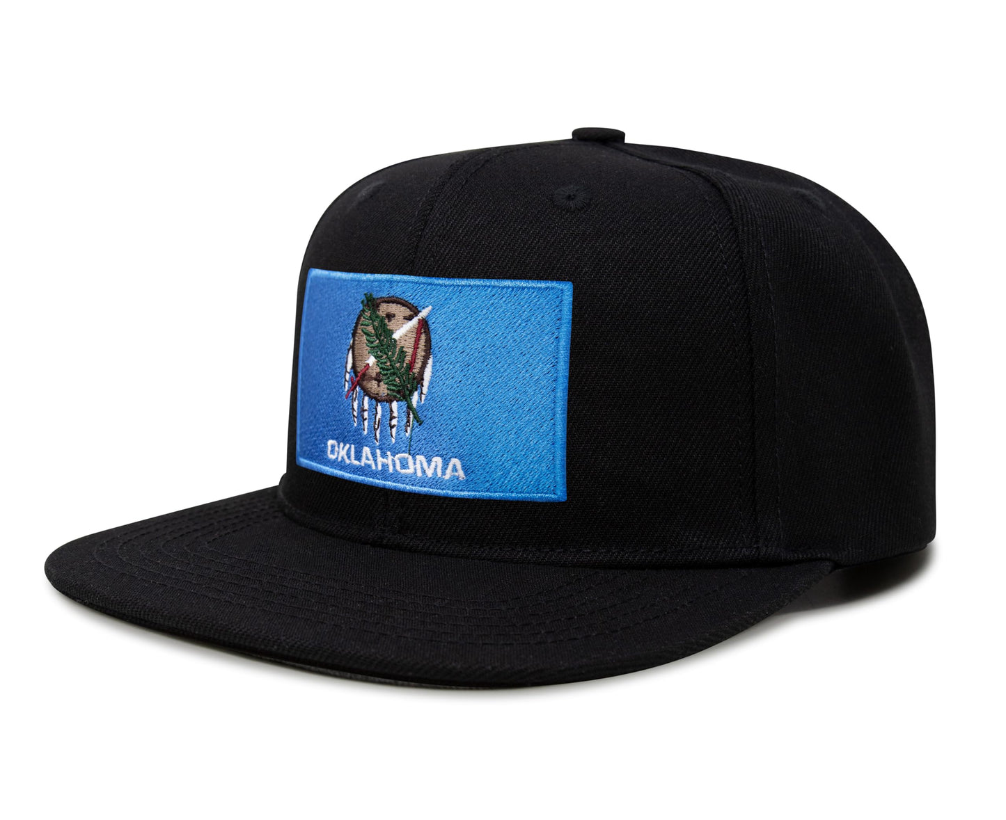 International Tie State Hat for Men and Women, Adjustable Snapback Trucker Baseball Cap with Embroidered Patch (Oklahoma, Black Flatbill)