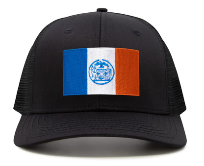 International Tie New York City Flag Hat for Men and Women - Adjustable Snapback Trucker Baseball Cap (All Black)