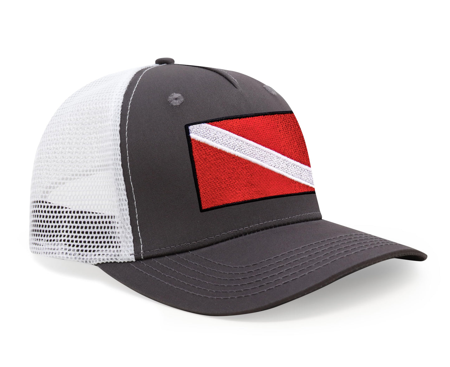 International Tie Scuba Diver Hat for Men and Women, Adjustable Snapback Trucker Baseball Cap with Embroidered Scuba Flag (Grey White)