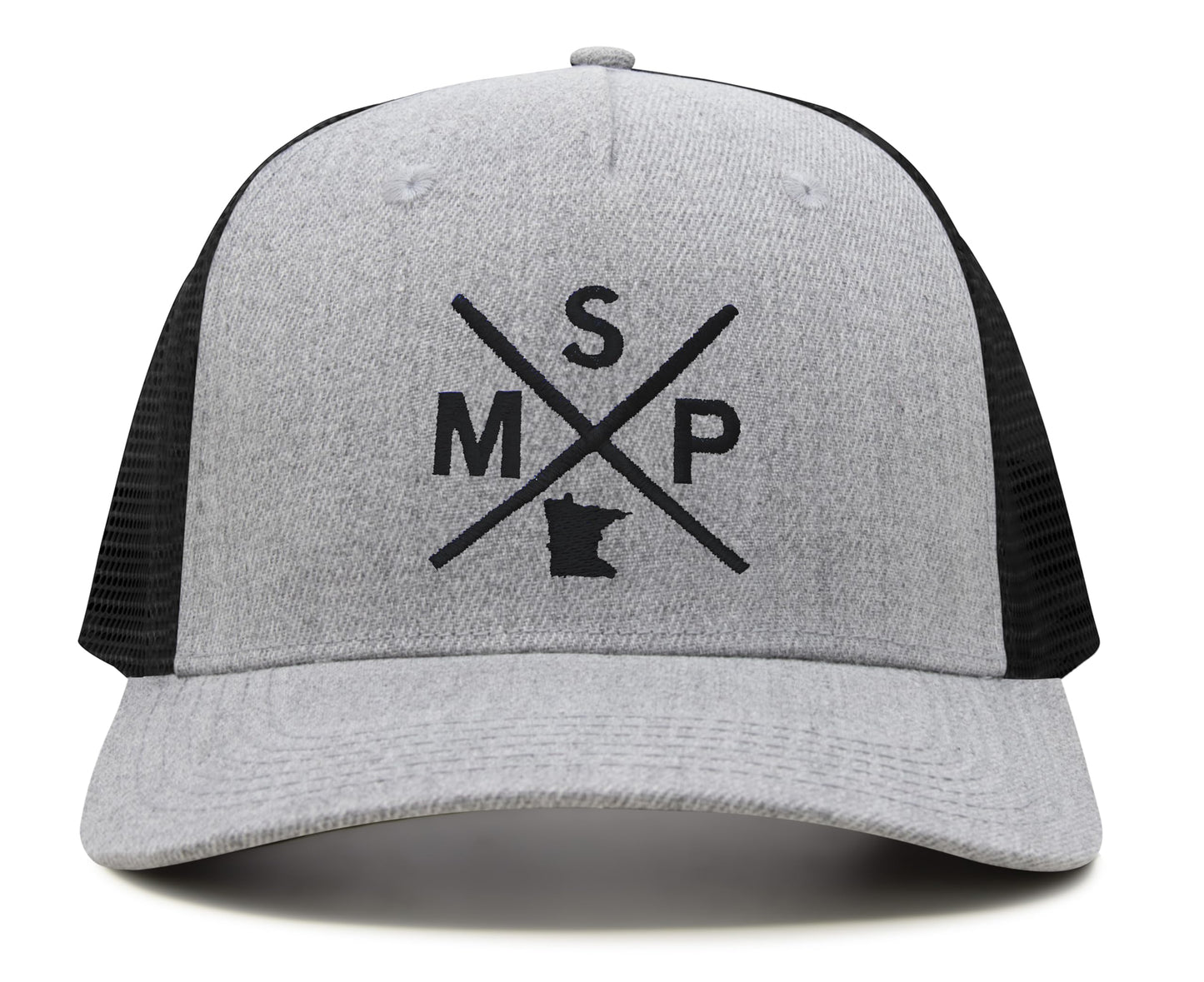International Tie State City Hat for Men and Women, Snapback Trucker Baseball Cap with Embroidered Cross Logo (MSP - Minneapolis St. Paul, Grey Black) - International Tie