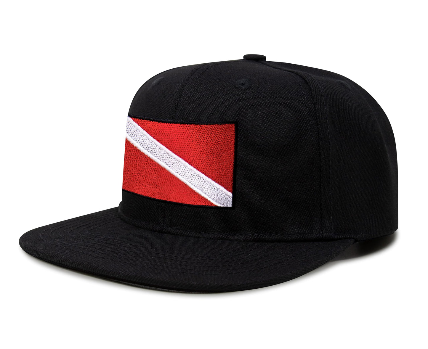 International Tie Scuba Diver Hat for Men and Women, Adjustable Snapback Trucker Baseball Cap with Embroidered Scuba Flag (Black Flatbill)