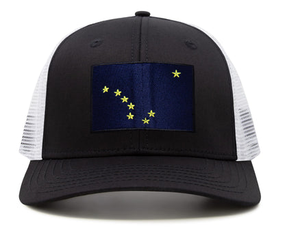International Tie Premium Alaska Flag Hat for Men and Women - Snapback Trucker Baseball Cap (Black White)