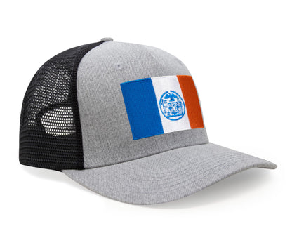 International Tie New York City Flag Hat for Men and Women - Adjustable Snapback Trucker Baseball Cap (Grey Black)