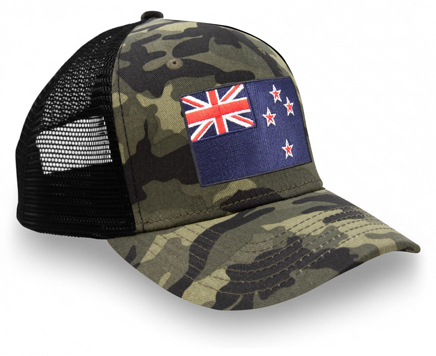 International Tie Country Hat for Men and Women, Adjustable Snapback Trucker Baseball Cap with Embroidered Patch (New Zealand, Camouflage)