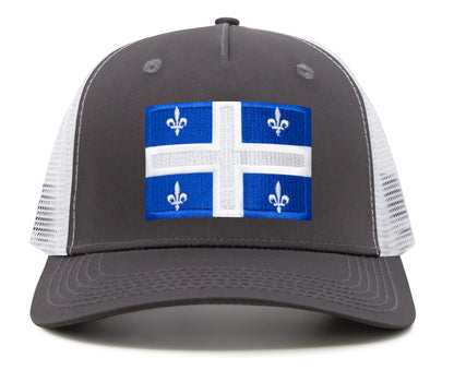 International Tie State Hat for Men and Women, Adjustable Snapback Trucker Baseball Cap with Embroidered Patch (Quebec, Grey White)