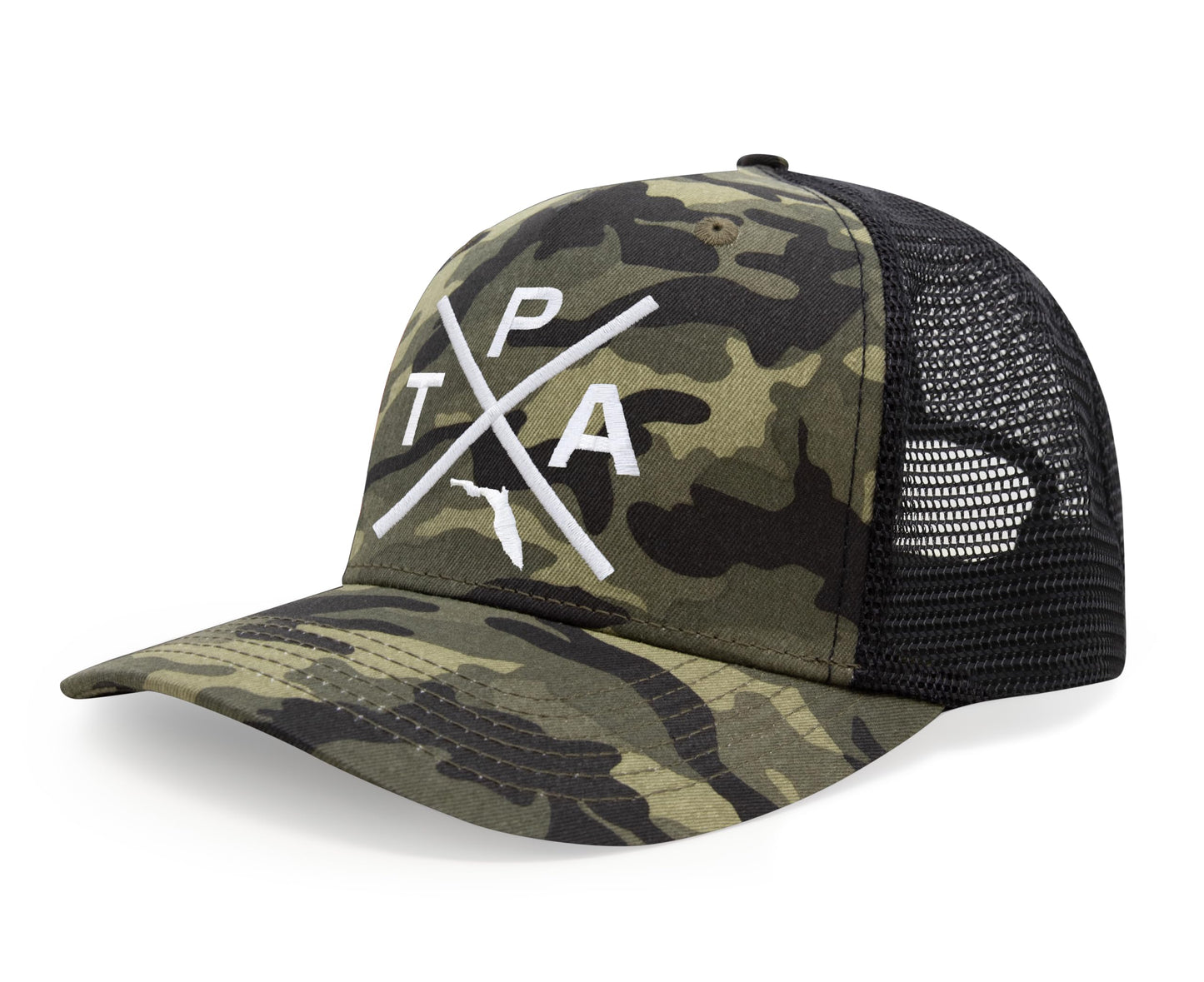 International Tie Hat for Men and Women, Snapback Trucker Baseball Cap, Embroidered Cross Logo (Tampa - TPA, Camouflage)