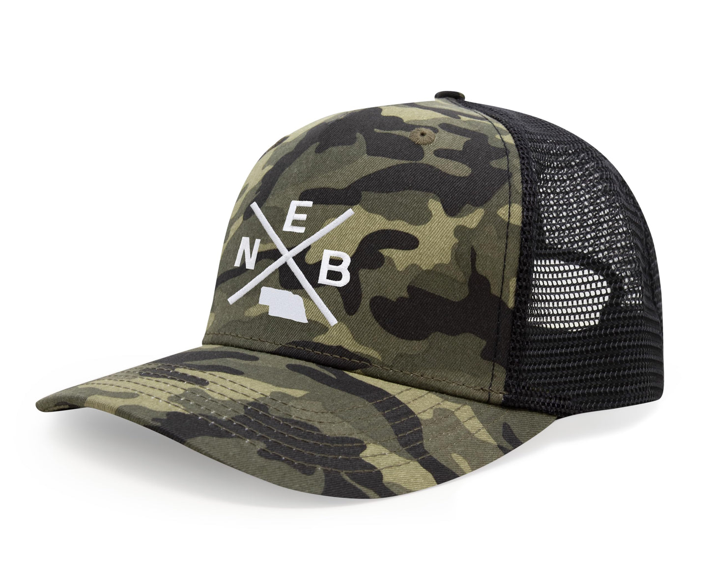 International Tie Hat for Men and Women, Adjustable Snapback Trucker Baseball Cap, Embroidered Cross Logo (NEB - Nebraska, Camouflage)