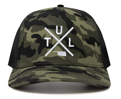 International Tie Hat for Men and Women, TUL Snapback Trucker Baseball Cap, Embroidered Cross Logo (TUL - Tulsa, Camouflage)