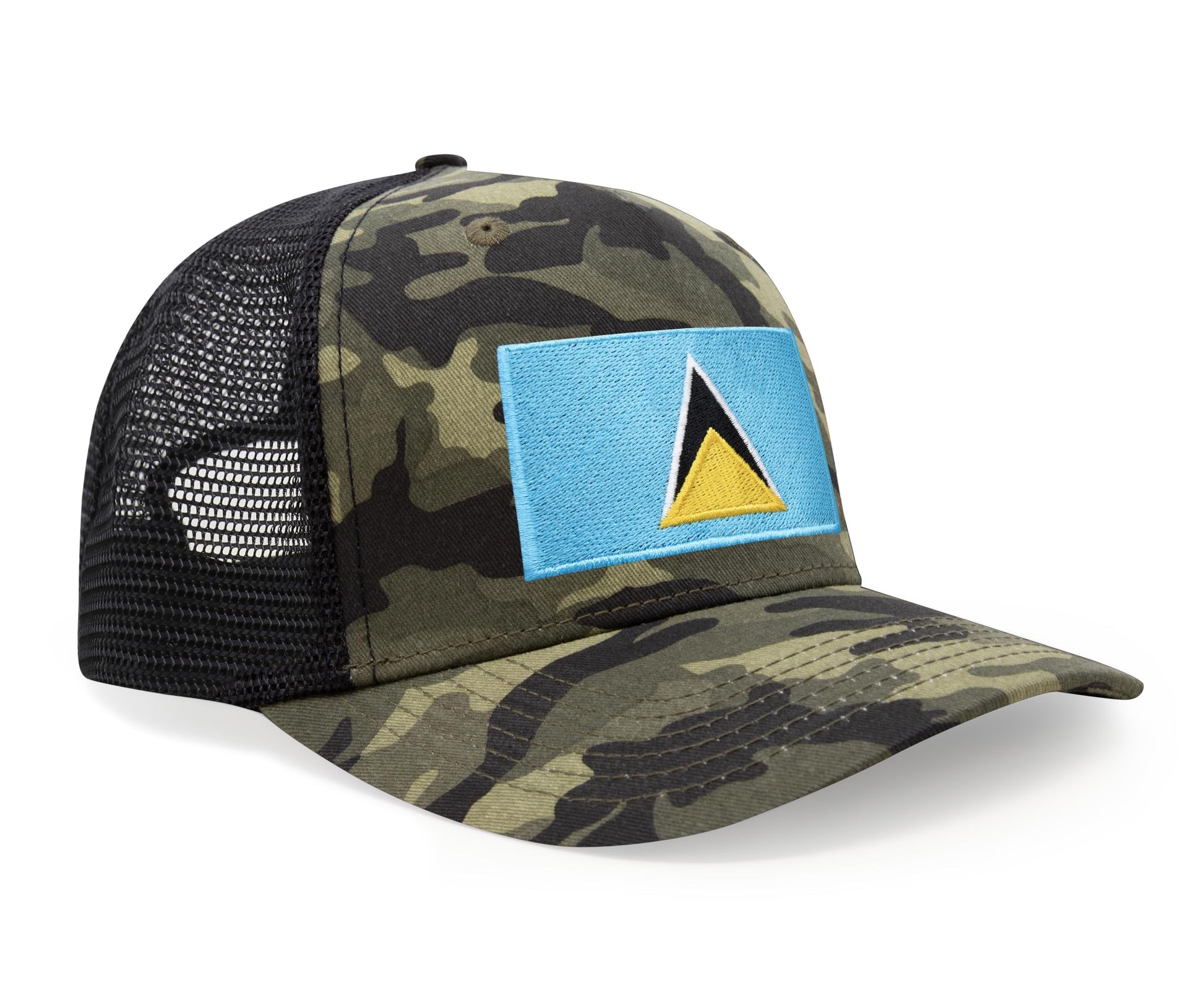 International Tie Country Hat for Men and Women, Adjustable Snapback Trucker Baseball Cap with Embroidered Patch (Saint Lucia, Camouflage) - International Tie