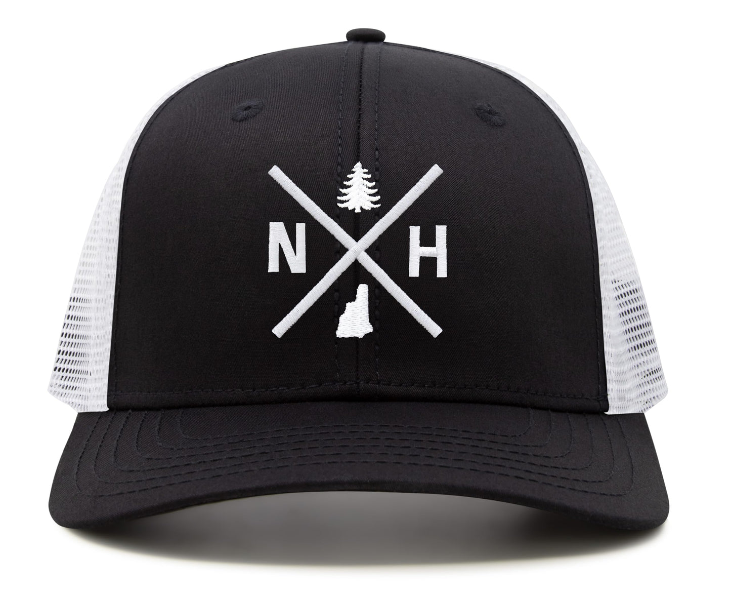 International Tie Hat for Men and Women, Adjustable Snapback Trucker Baseball Cap, Embroidered Cross Logo (NH- New Hampshire, Black White)