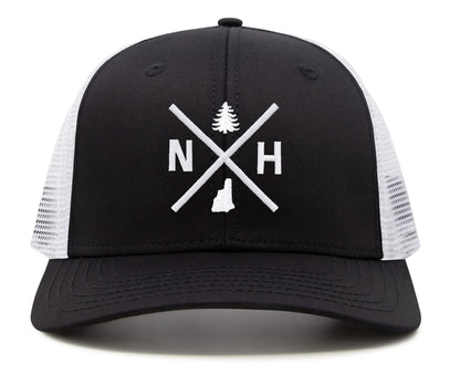 International Tie Hat for Men and Women, Adjustable Snapback Trucker Baseball Cap, Embroidered Cross Logo (NH- New Hampshire, Black White)