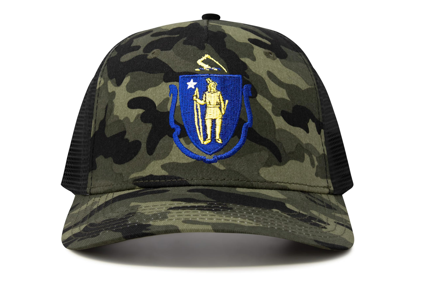 Tie StInternational ate Hat for Men and Women, Adjustable Snapback Trucker Baseball Cap with Embroidered Patch (Massachusetts, Camouflage)