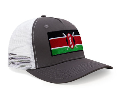 International Tie Kenya Flag Hat for Men and Women - Adjustable Snapback Trucker Baseball Cap (Grey White)