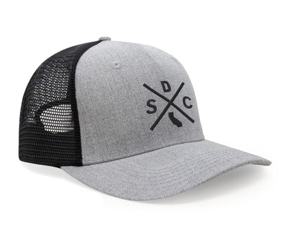 International Tie Hat for Men and Women, Adjustable Snapback Trucker Baseball Cap, Embroidered Cross Logo (SDC - San Diego, Grey Black)