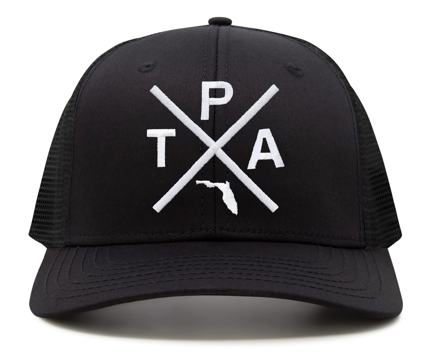 International Tie Hat for Men and Women, Snapback Trucker Baseball Cap, Embroidered Cross Logo (Tampa - TPA, All Black)