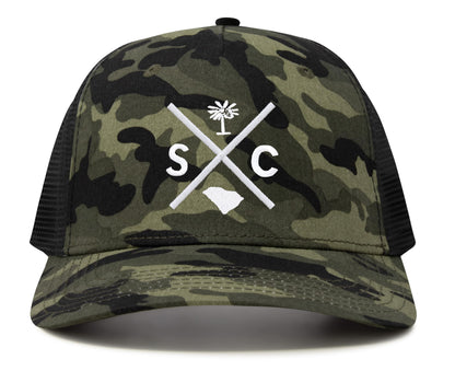 International Tie Hat for Men and Women, Adjustable Snapback Trucker Baseball Cap, Embroidered Cross Logo (SC - South Carolina, Camouflage)