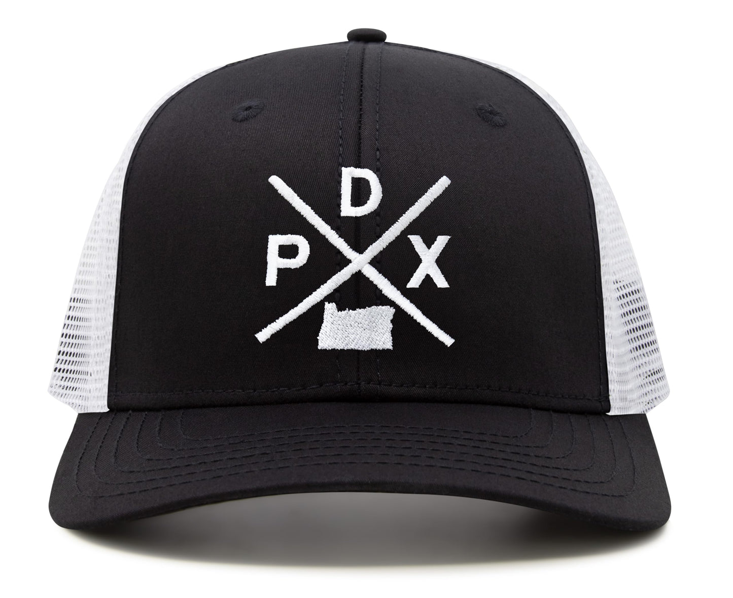 International Tie Hat for Men and Women, Snapback Trucker Baseball Cap, Embroidered Cross Logo (PDX - Portland, Black White) - International Tie