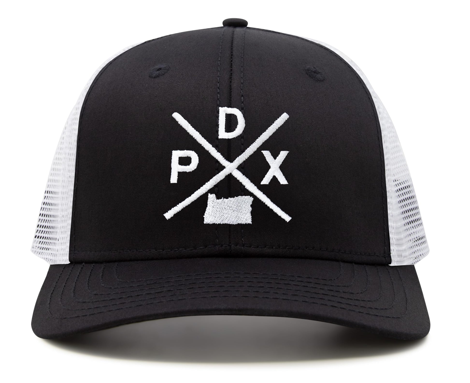 International Tie Hat for Men and Women, Snapback Trucker Baseball Cap, Embroidered Cross Logo (PDX - Portland, Black White) - International Tie