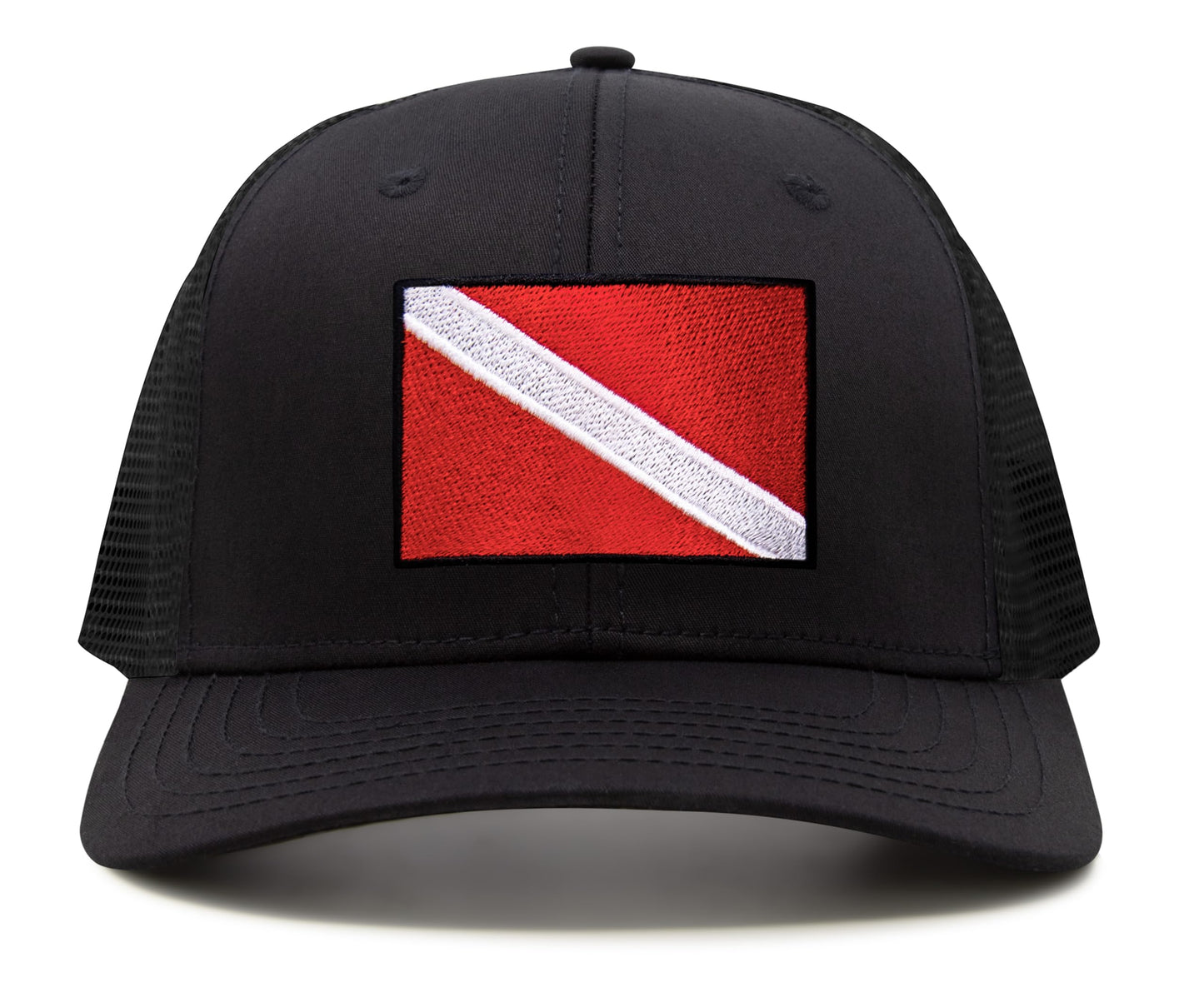 International Tie Scuba Diver Hat for Men and Women, Adjustable Snapback Trucker Baseball Cap with Embroidered Scuba Flag (All Black)