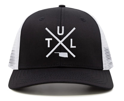 International Tie Hat for Men and Women, TUL Snapback Trucker Baseball Cap, Embroidered Cross Logo (TUL - Tulsa, Black White)