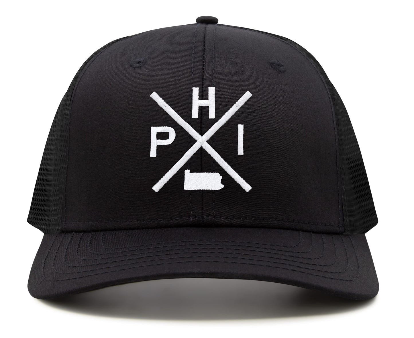 International Tie Hat for Men and Women, Adjustable Snapback Trucker Baseball Cap, Embroidered Cross Logo (PHI - Philadelphia, All Black)