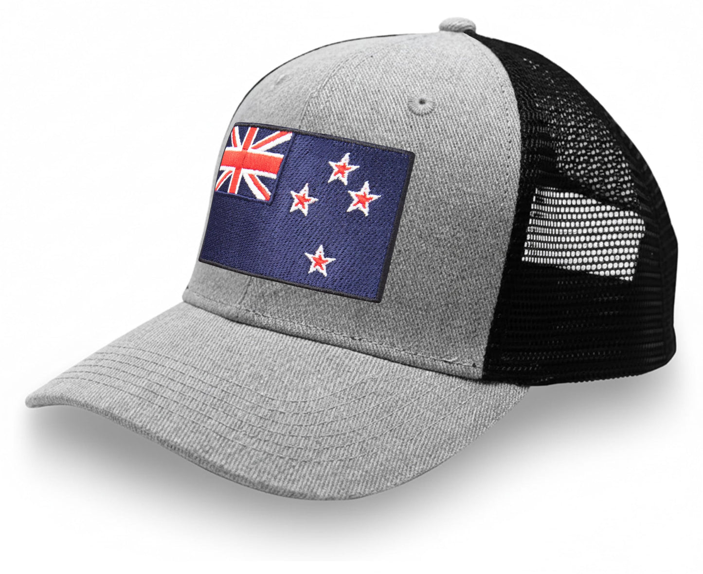 International Tie Country Hat for Men and Women, Adjustable Snapback Trucker Baseball Cap with Embroidered Patch (New Zealand, Grey Black)