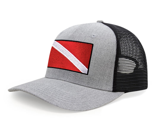 International Tie Scuba Diver Hat for Men and Women, Adjustable Snapback Trucker Baseball Cap with Embroidered Scuba Flag (Grey Black)