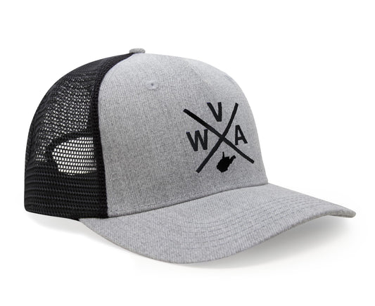 International Tie State City Hat for Men and Women, Snapback Trucker Baseball Cap with Embroidered Cross Logo (West Virginia - WVA, Grey Black)