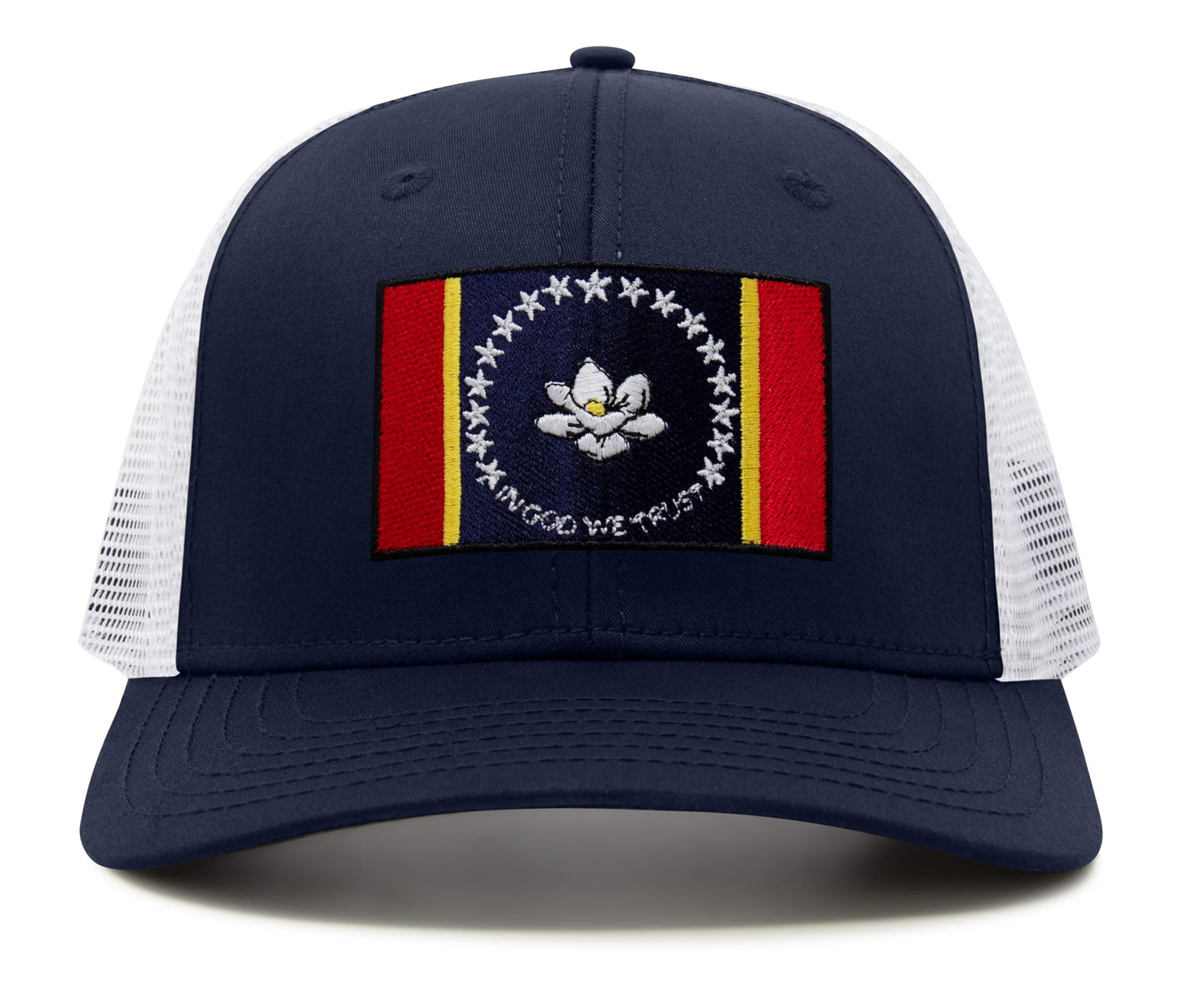 International Tie Mississippi Flag Hat for Men and Women – Snapback Trucker Baseball Cap (Navy White)