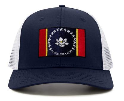 International Tie Mississippi Flag Hat for Men and Women – Snapback Trucker Baseball Cap (Navy White)