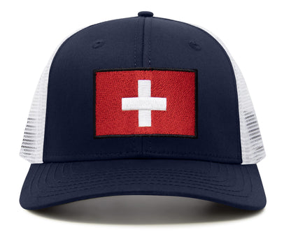 International Tie Swiss Flag Hat for Men and Women - Switzerland Snapback Trucker Baseball Cap (Navy White)