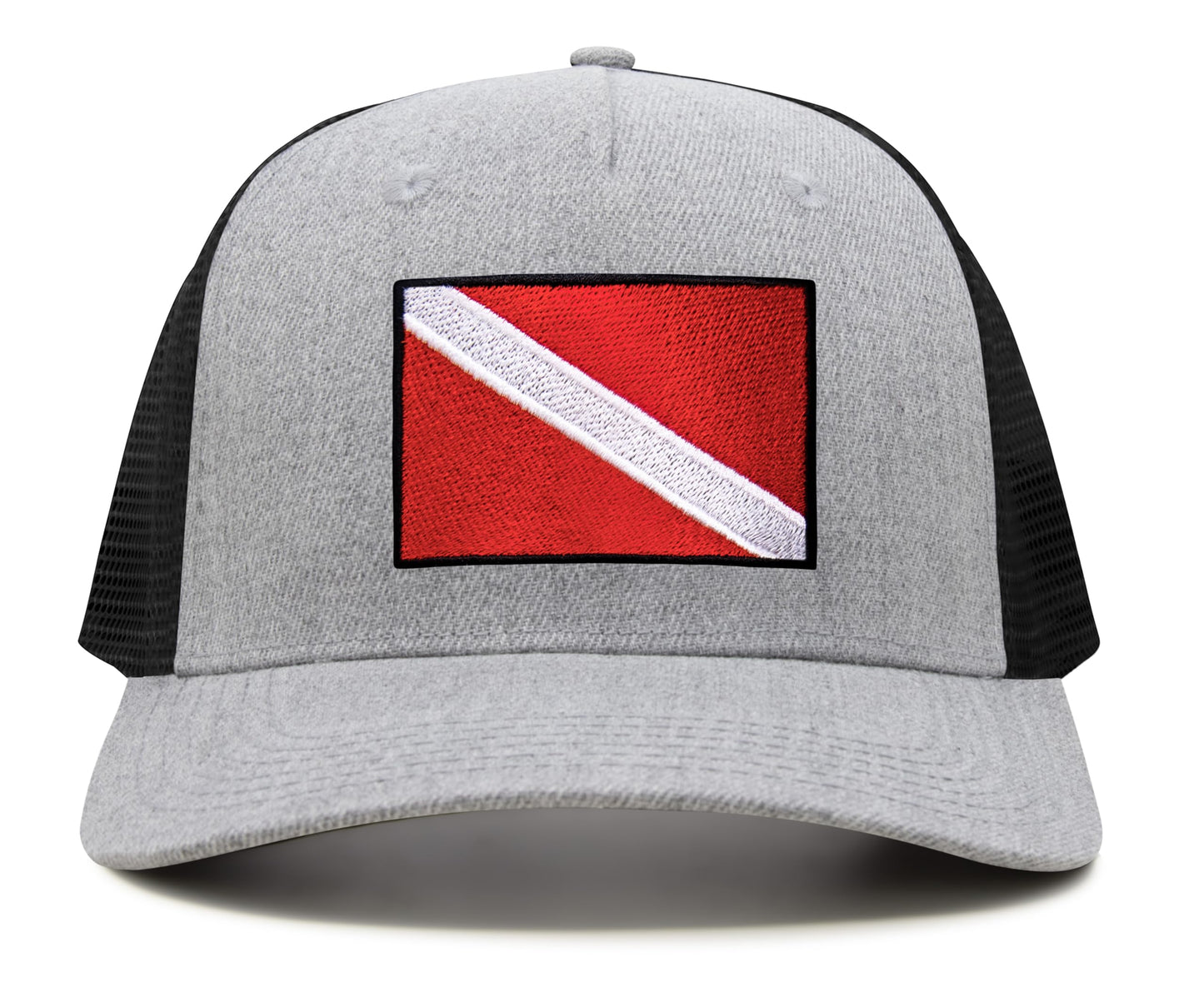 International Tie Scuba Diver Hat for Men and Women, Adjustable Snapback Trucker Baseball Cap with Embroidered Scuba Flag (Grey Black)