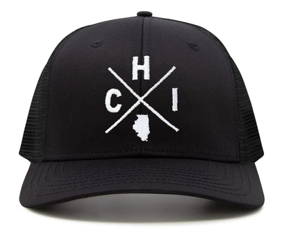 International Tie Premium Chicago CHI Flag Hat Men and Women – Snapback Trucker Baseball Cap (All Black)