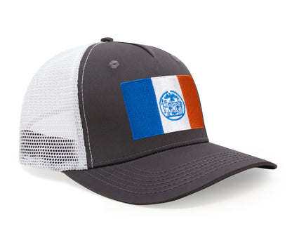 International Tie New York City Flag Hat for Men and Women - Adjustable Snapback Trucker Baseball Cap (Grey White)