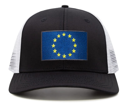 European Flag Hat for Men and Women - EU Trucker Snapback Baseball Cap by International Tie (Black White)