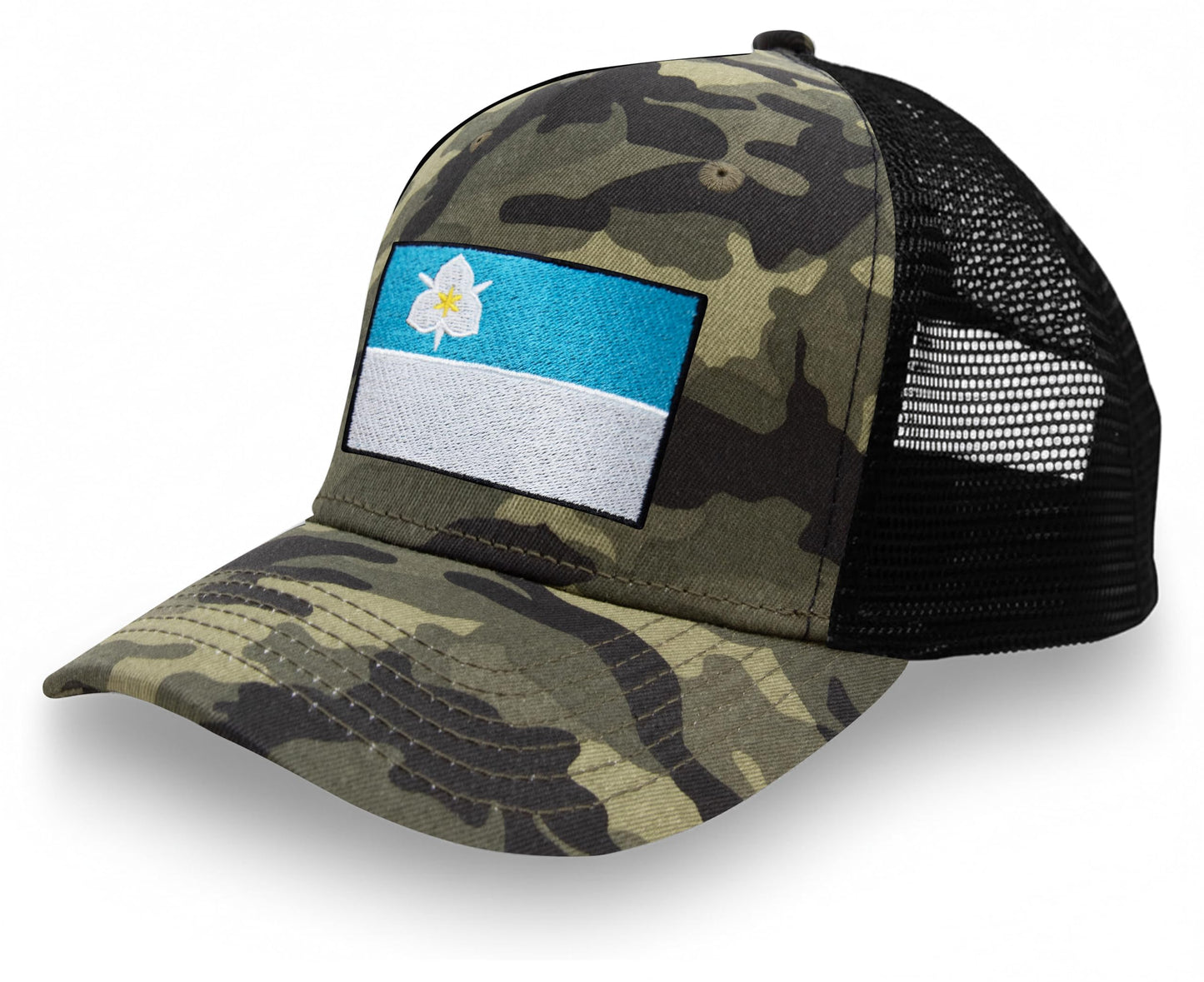 International Tie City Hat for Men and Women, Adjustable Snapback Trucker Baseball Cap with Embroidered Patch (Salt Lake City, Camouflage)