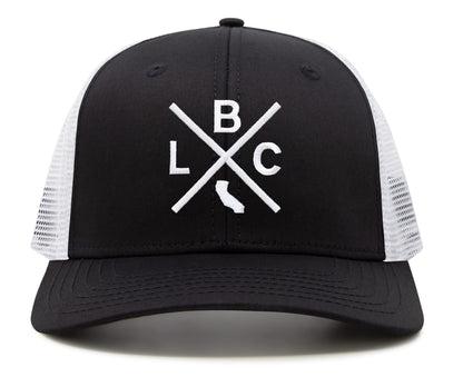 International Tie LBC (Long Beach California) - Hat for Men and Women - Snapback Trucker Baseball Cap (Black/White)