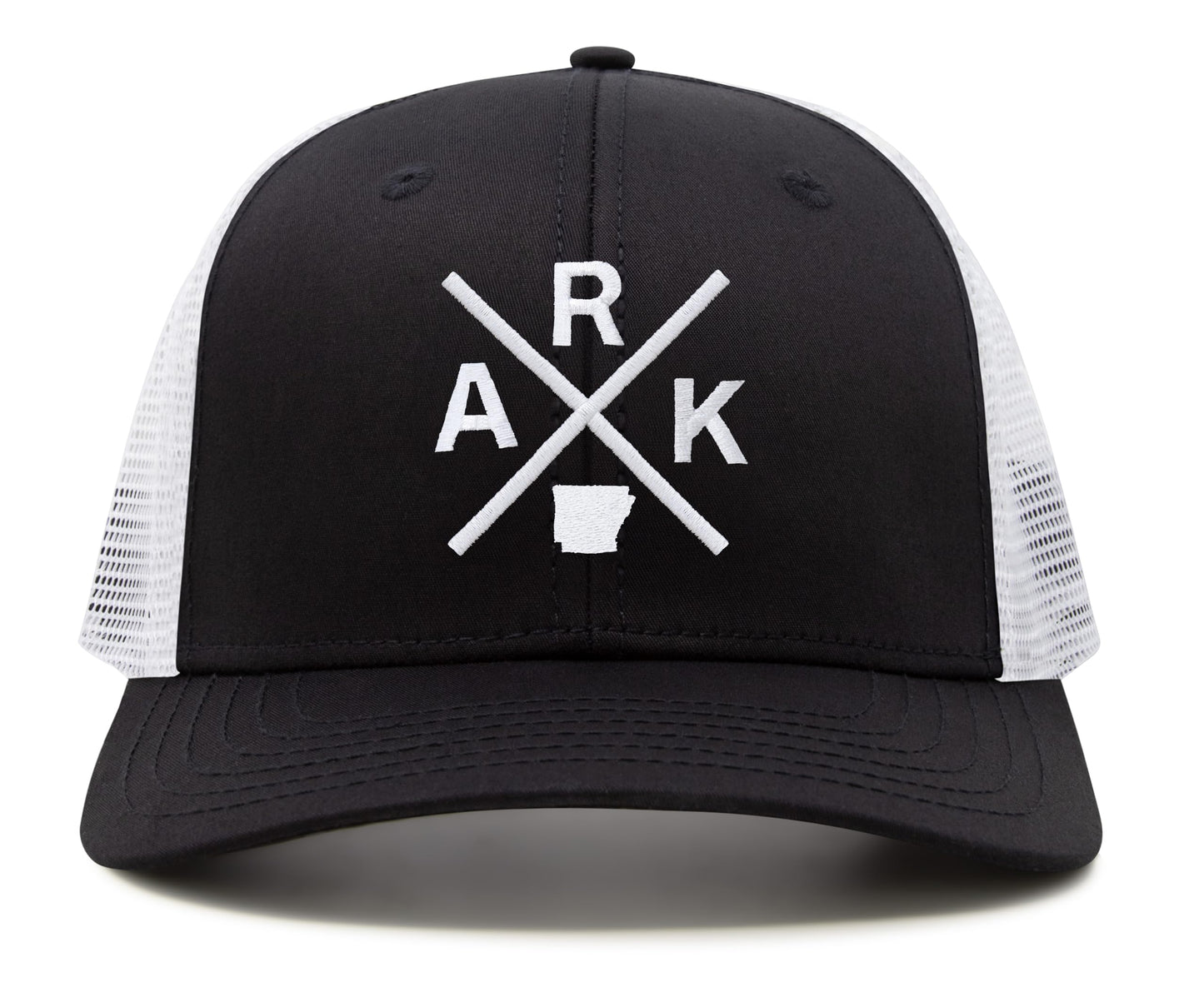 International Tie Hat for Men and Women, Adjustable Snapback Trucker Baseball Cap, Embroidered Cross Logo (ARK - Arkansas, Black White)