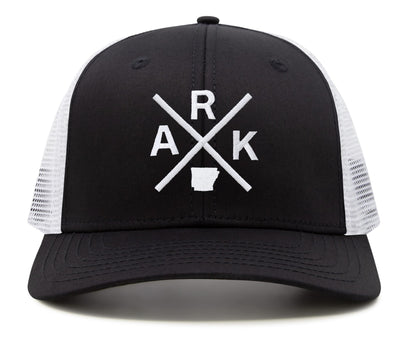 International Tie Hat for Men and Women, Adjustable Snapback Trucker Baseball Cap, Embroidered Cross Logo (ARK - Arkansas, Black White)