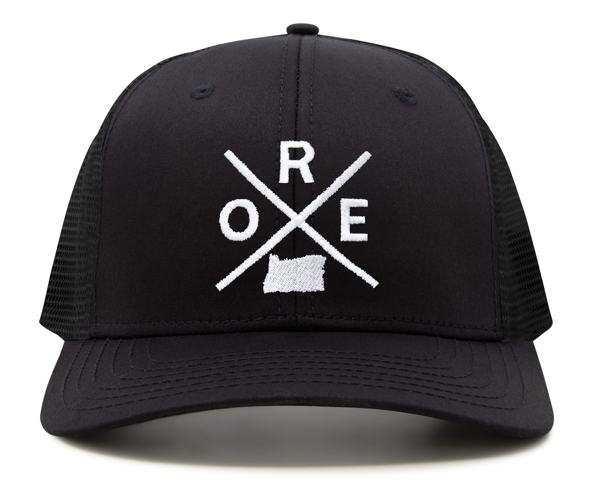 International Tie Hat for Men and Women, Snapback Trucker Baseball Cap, Embroidered Cross Logo (ORE - Oregon, All Black) - International Tie
