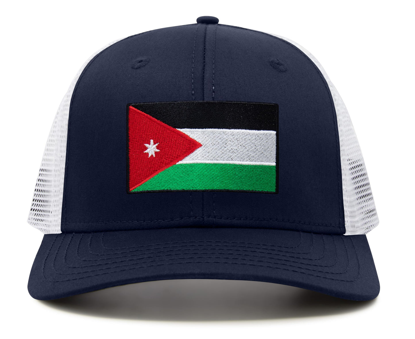 International Tie Country Hat for Men and Women, Adjustable Snapback Trucker Baseball Cap with Embroidered Patch (Jordan, Navy White)