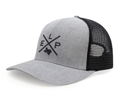 International Tie Hat for Men and Women, ELP Snapback Trucker Baseball Cap, Embroidered Cross Logo (ELP - El Paso, Grey Black)